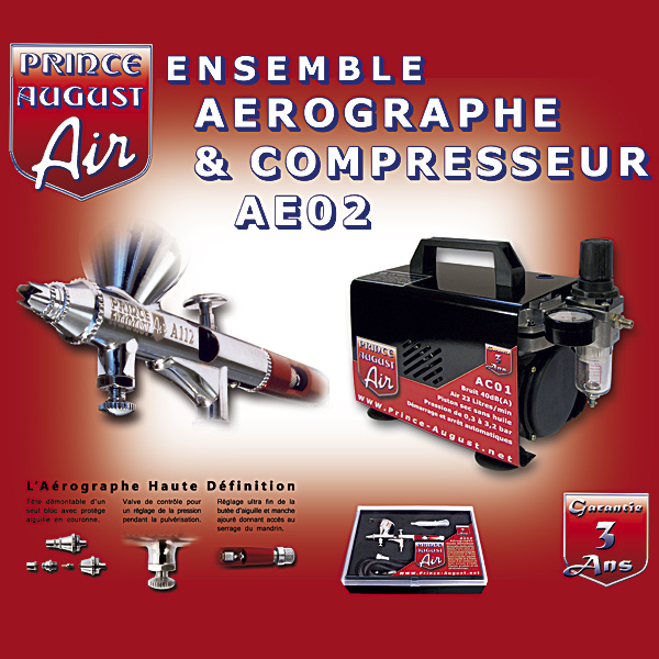 Ensemble aérographe double action haute définition & compresseur > PRINCE AUGUST AE02+
